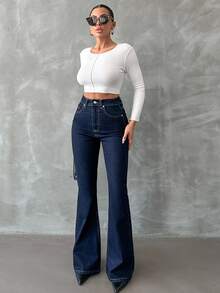 EURMUSE Zip Front Flare Leg Jeans - Dark Wash - View 5