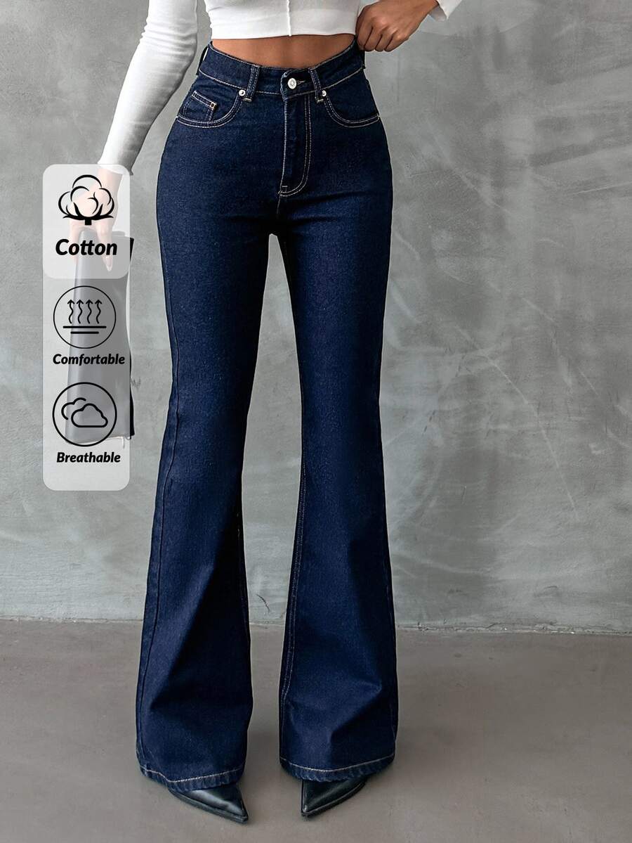 EURMUSE Zip Front Flare Leg Jeans - Dark Wash - View 1