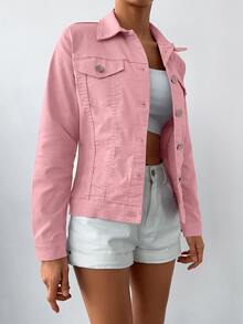 SHEIN Cottnline 98%Cotton Flap Pocket Button Front Denim Jacket - Baby Pink - View 3