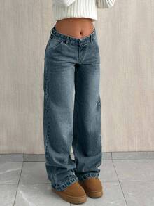 EURMUSE LOW WAIST BAGGY LOOSE STRAIGHT LEG JEAN - Blue - View 3