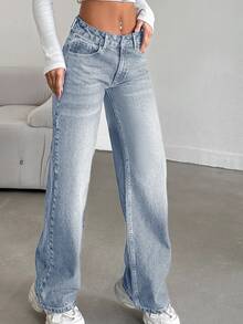 SHEIN Tall 低腰直筒女款藍色牛仔褲，高個女性適用 - 淺藍色 - 查看 4
