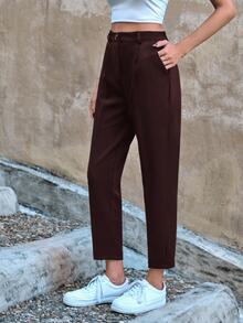 Cloudara Women Button Front Pocket Casual Simple Style Long Pants, Everyday Wear - Brown - View 4