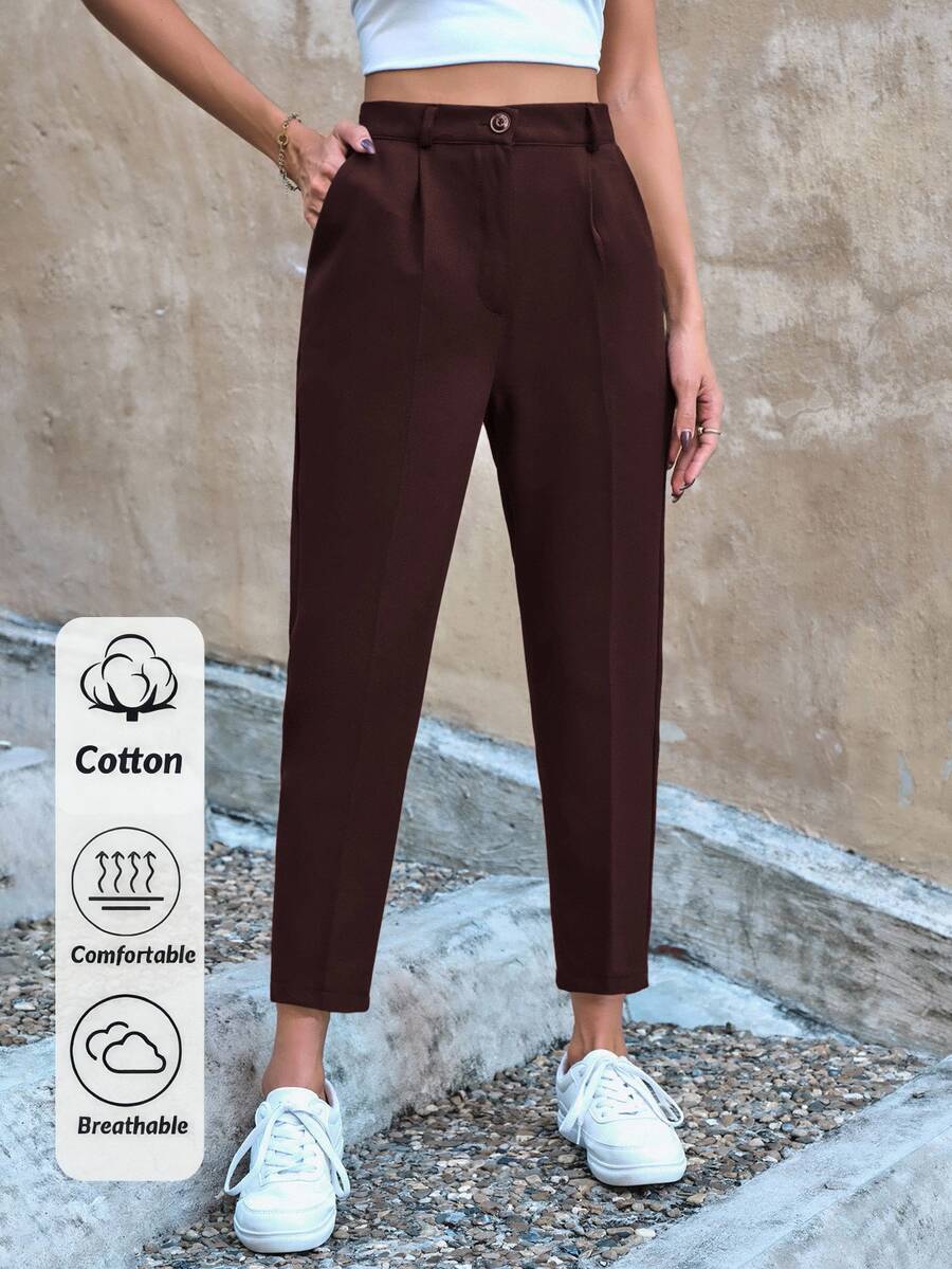 Cloudara Women Button Front Pocket Casual Simple Style Long Pants, Everyday Wear - Brown - View 1