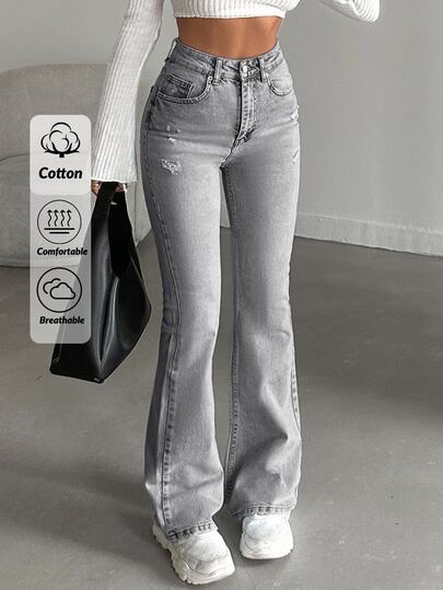 SHEIN Tall 98Cotton High-Waist Original Boot Cut Jeans Tall School Grey Summer Casual