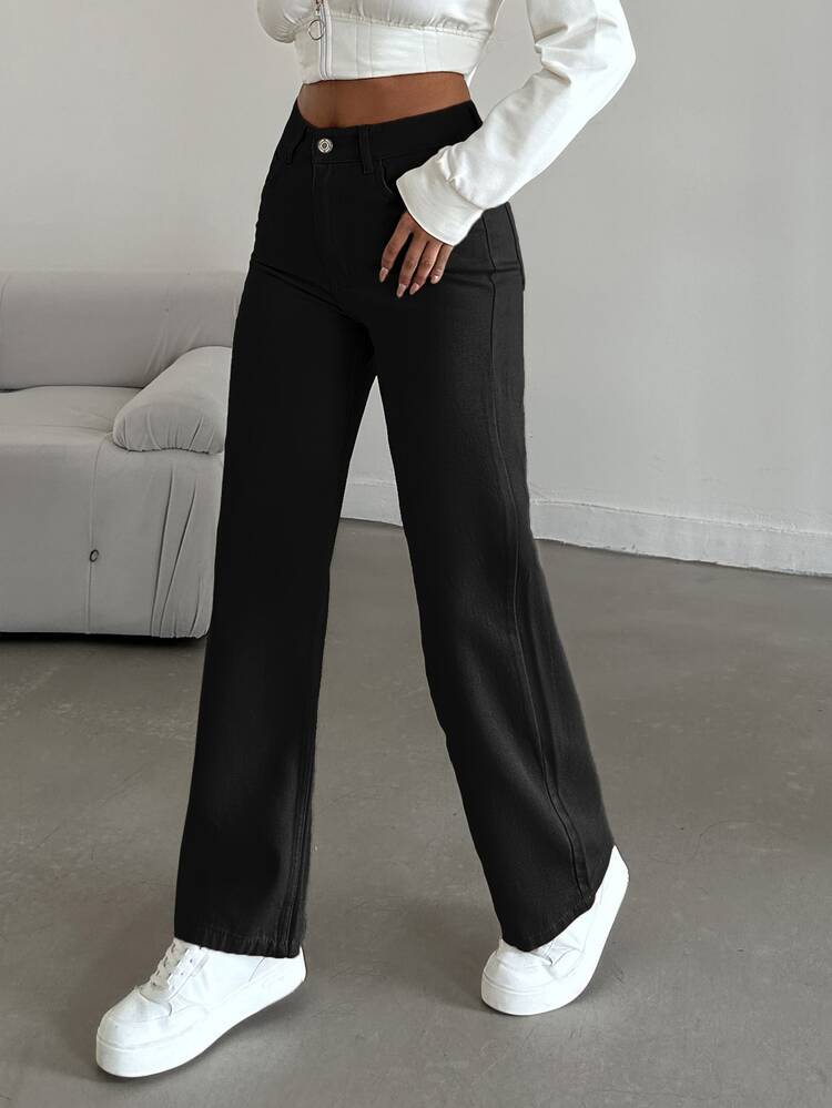 EURMUSE Casual Solid Straight Leg Jeans - Black - View 4