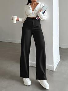 EURMUSE Casual Solid Straight Leg Jeans - Black - View 3