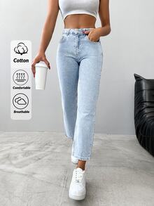 EURMUSE Casual Washed Straight-Leg Cropped Jeans - Light Wash - View 1