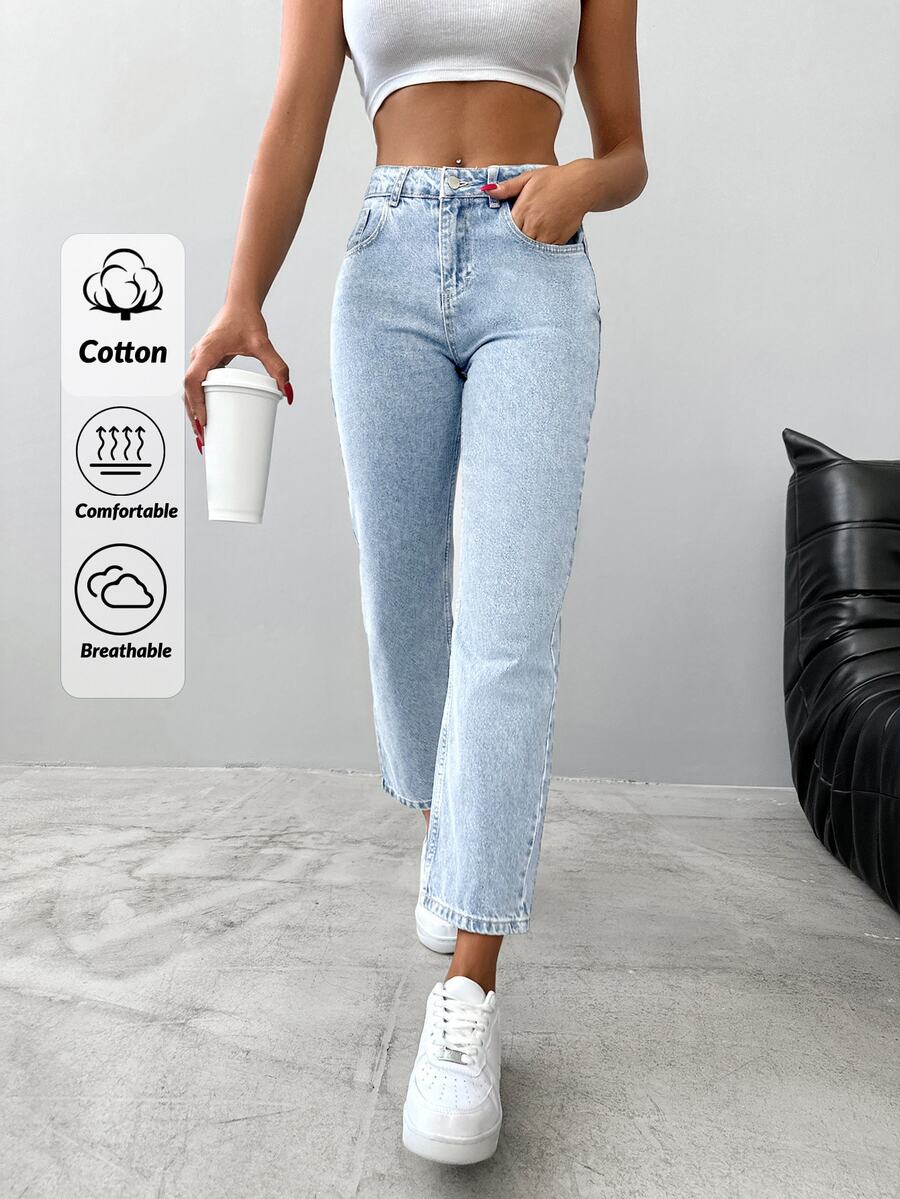 EURMUSE Casual Washed Straight-Leg Cropped Jeans - Light Wash - View 1