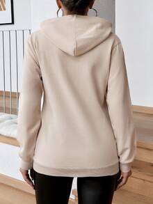 EURMUSE 100%Cotton Zip Up Drawstring Hooded Sweatshirt - Beige - View 2