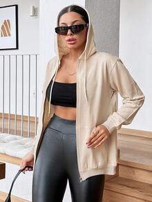 EURMUSE 100%Cotton Zip Up Drawstring Hooded Sweatshirt - Beige - View 4