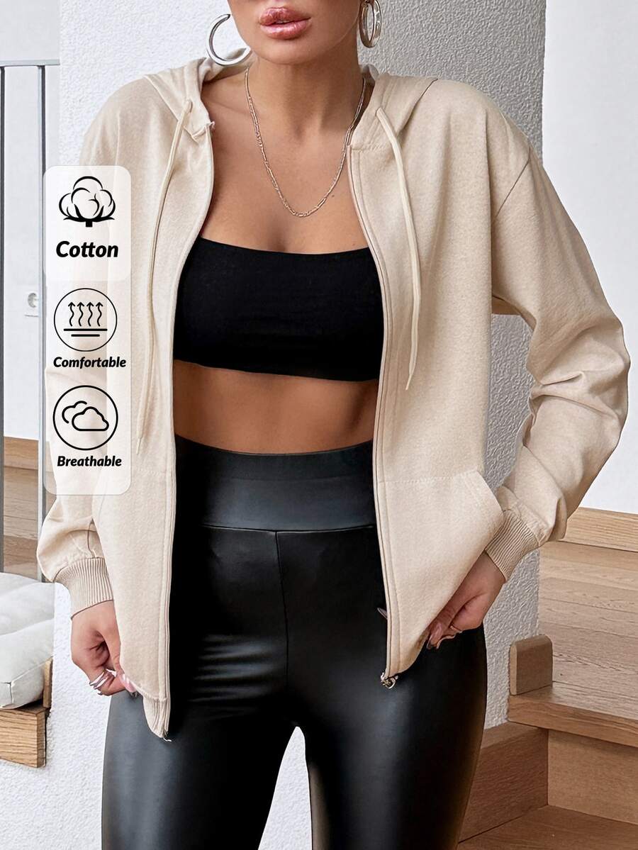 EURMUSE 100%Cotton Zip Up Drawstring Hooded Sweatshirt - Beige - View 1