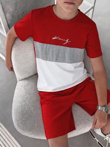 SHEIN 2件組青少年男童休閒拼色字母印花圓領短袖T恤與短褲套裝，適合通勤、上學、日常休閒穿著、運動，春夏季 - 彩色 - 查看 6