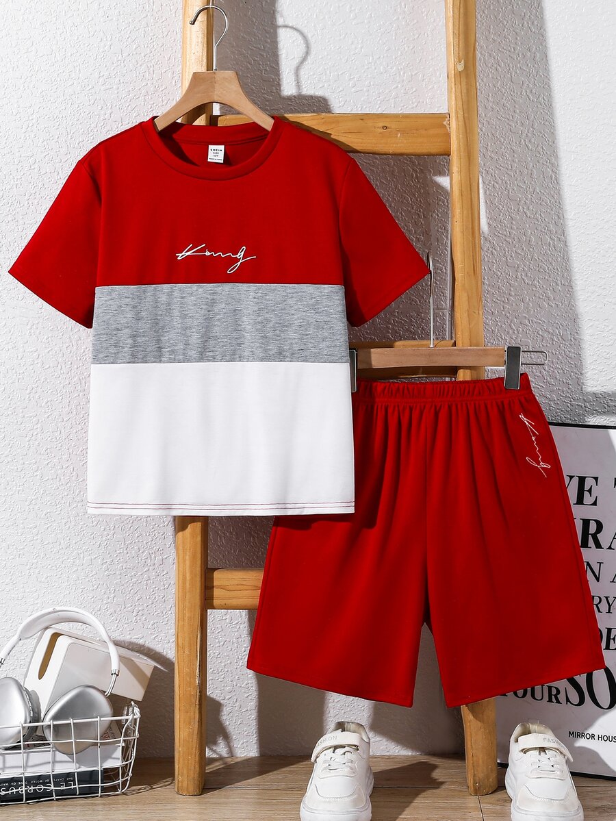 SHEIN 2件組青少年男童休閒拼色字母印花圓領短袖T恤與短褲套裝,適合通勤、上學、日常休閒穿著、運動,春夏季 - 彩色 - 查看 1