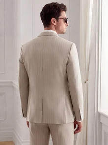 Core Aspect Men's Minimalist Striped Button Long Sleeve Blazer & Casual Pants Set With Pockets, Ceremony - Khaki - View 2