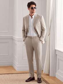 Core Aspect Men's Minimalist Striped Button Long Sleeve Blazer & Casual Pants Set With Pockets, Ceremony - Khaki - View 1
