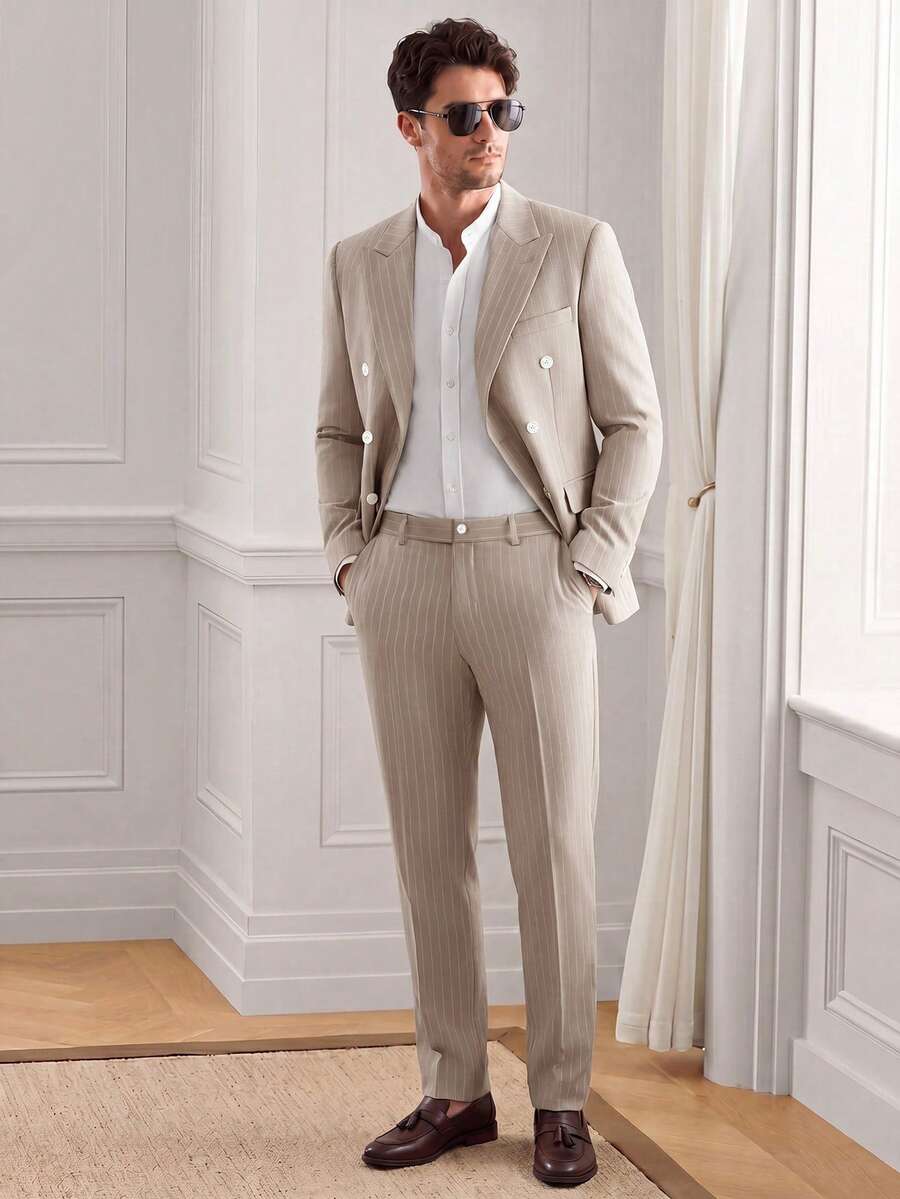 Core Aspect Men's Minimalist Striped Button Long Sleeve Blazer & Casual Pants Set With Pockets, Ceremony - Khaki - View 1