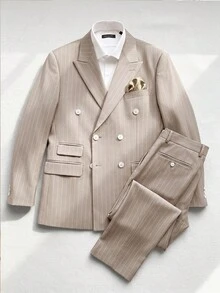 Core Aspect Men's Minimalist Striped Button Long Sleeve Blazer & Casual Pants Set With Pockets, Ceremony - Khaki - View 5