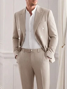 Core Aspect Men's Minimalist Striped Button Long Sleeve Blazer & Casual Pants Set With Pockets, Ceremony - Khaki - View 3