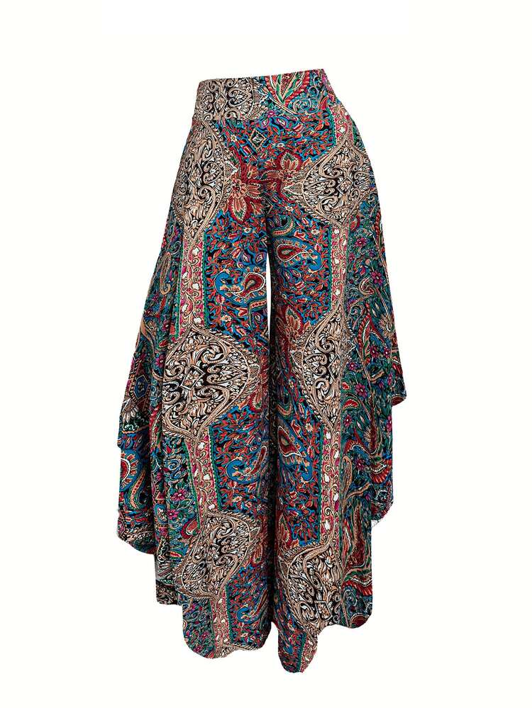 SHEIN Clasi Women's Casual Paisley Print Asymmetric Hem Wide Leg Pants, Vacation Style - Multicolor - View 1