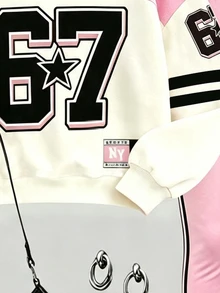 甜酷風女童數位印花運動衫套裝，對比色拼接長袖運動衫搭配側條紋粉色長褲，美式運動復古風，寬鬆落肩版型舒適，日常街頭穿搭休閒套裝，活力小女孩秋冬套裝，Street Digital 67 兩件套 - 彩色 - 查看 4