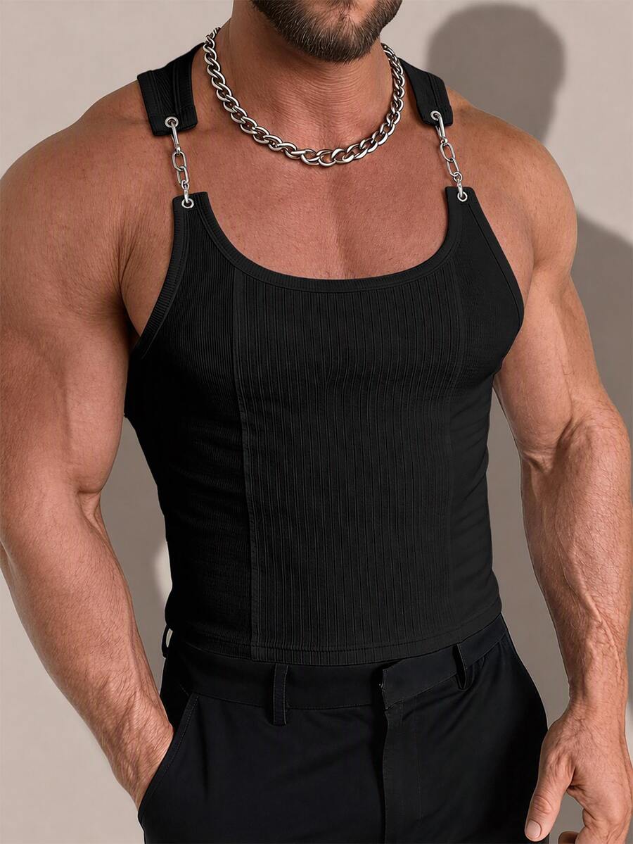 FeverCity Men's Solid Color Patchwork Chain Design Slim Fit Tank Top - Black - View 1