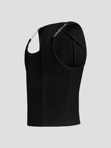 FeverCity Men's Solid Color Patchwork Chain Design Slim Fit Tank Top - Black - View 3