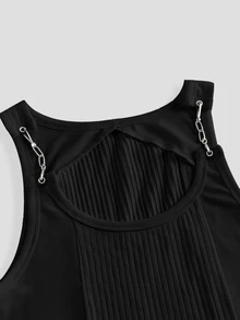 FeverCity Men's Solid Color Patchwork Chain Design Slim Fit Tank Top - Black - View 5