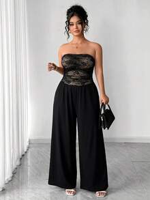 Cravure Jumpsuit Rajut Tanpa Tali dengan Detail Kerut dan Kaki Lebar untuk Wanita Ukuran Plus, Cocok untuk Koktail, Kencan Malam, Musim Panas, Seksi Gaya 70-an - Hitam - View 6