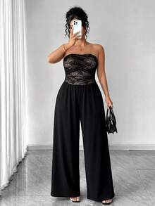 Cravure Jumpsuit Rajut Tanpa Tali dengan Detail Kerut dan Kaki Lebar untuk Wanita Ukuran Plus, Cocok untuk Koktail, Kencan Malam, Musim Panas, Seksi Gaya 70-an - Hitam - View 7