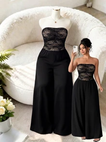 Cravure Jumpsuit Rajut Tanpa Tali dengan Detail Kerut dan Kaki Lebar untuk Wanita Ukuran Plus, Cocok untuk Koktail, Kencan Malam, Musim Panas, Seksi Gaya 70-an - Hitam - View 1