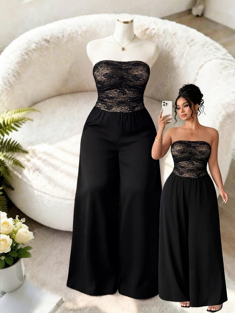 Cravure Jumpsuit Rajut Tanpa Tali dengan Detail Kerut dan Kaki Lebar untuk Wanita Ukuran Plus, Cocok untuk Koktail, Kencan Malam, Musim Panas, Seksi Gaya 70-an - Hitam - View 1