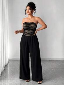 Cravure Jumpsuit Rajut Tanpa Tali dengan Detail Kerut dan Kaki Lebar untuk Wanita Ukuran Plus, Cocok untuk Koktail, Kencan Malam, Musim Panas, Seksi Gaya 70-an - Hitam - View 5