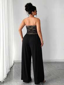 Cravure Jumpsuit Rajut Tanpa Tali dengan Detail Kerut dan Kaki Lebar untuk Wanita Ukuran Plus, Cocok untuk Koktail, Kencan Malam, Musim Panas, Seksi Gaya 70-an - Hitam - View 2