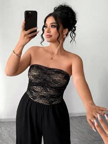 Cravure Jumpsuit Rajut Tanpa Tali dengan Detail Kerut dan Kaki Lebar untuk Wanita Ukuran Plus, Cocok untuk Koktail, Kencan Malam, Musim Panas, Seksi Gaya 70-an - Hitam - View 4