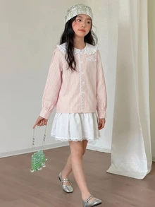 DAZY Meninas (Grande) Top Casual Solta com Gola Peter Pan Listrada + Saia Mini Evasê Conjunto Casual Fofo Outono/Inverno - Rosa chiclete - Visão 8