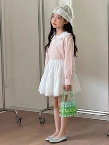 DAZY Meninas (Grande) Top Casual Solta com Gola Peter Pan Listrada + Saia Mini Evasê Conjunto Casual Fofo Outono/Inverno - Rosa chiclete - Visão 3