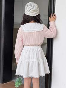 DAZY Meninas (Grande) Top Casual Solta com Gola Peter Pan Listrada + Saia Mini Evasê Conjunto Casual Fofo Outono/Inverno - Rosa chiclete - Visão 2