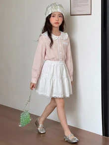 DAZY Meninas (Grande) Top Casual Solta com Gola Peter Pan Listrada + Saia Mini Evasê Conjunto Casual Fofo Outono/Inverno - Rosa chiclete - Visão 7