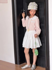 DAZY Meninas (Grande) Top Casual Solta com Gola Peter Pan Listrada + Saia Mini Evasê Conjunto Casual Fofo Outono/Inverno - Rosa chiclete - Visão 5