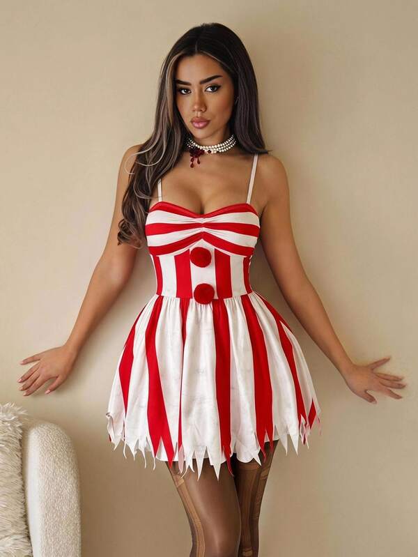 SHEIN ICON Halloween Cosplay White And Red Party Clown Costume Asymmetrical Hem Puff A-Line Camisole Dress, & Color Block,Party Dresses For Women