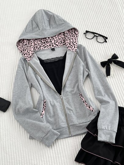 Elamini Vintage Sweet & Spicy Y2K Grey & Pink Patchwork Leopard Print Cat Ear Hooded Slim Fit Sweatshirt