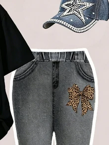 SHEIN Tween Girl Leopard Print Bow Graphic T-Shirt And Flare Pants Set - Multicolor - View 5