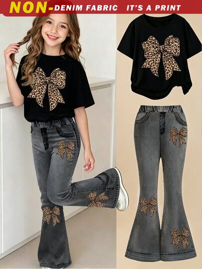 SHEIN Conjunto de camiseta con estampado de leopardo y lazo gráfico y pantalones acampanados para niña preadolescente