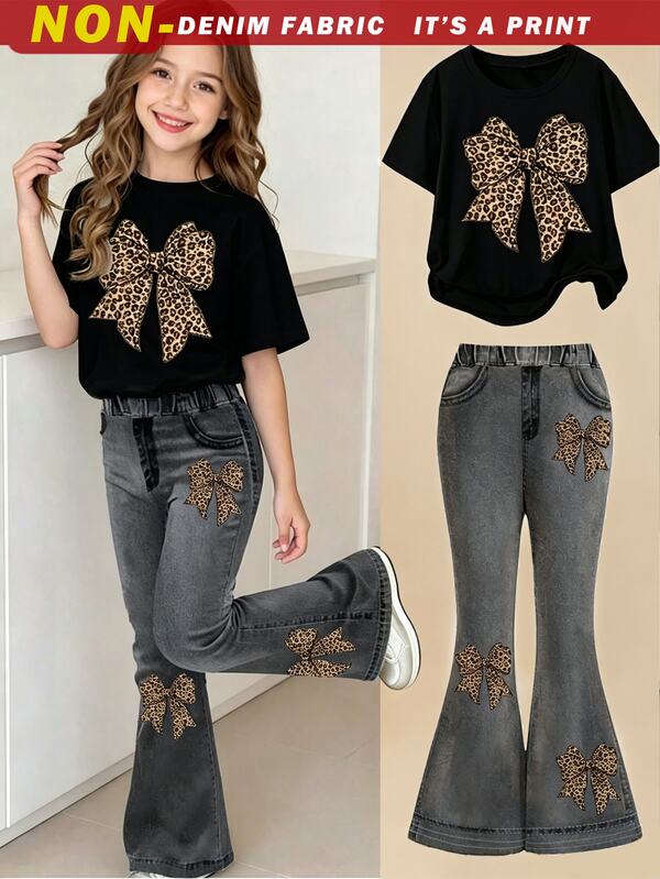 SHEIN Tween Girl Leopard Print Bow Graphic T-Shirt And Flare Pants Set