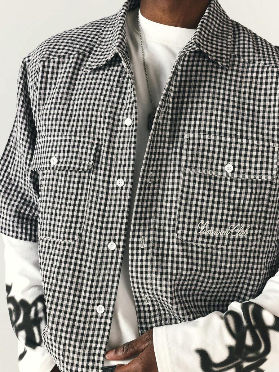 SUMWON Gingham Check Cropped Short Sleeve Shirt With Dual Chest Pockets And Script Logo Embroidery Summer Style - Black and White - View 1