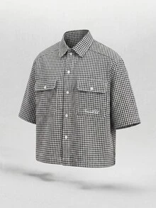 SUMWON Gingham Check Cropped Short Sleeve Shirt With Dual Chest Pockets And Script Logo Embroidery Summer Style - Black and White - View 3