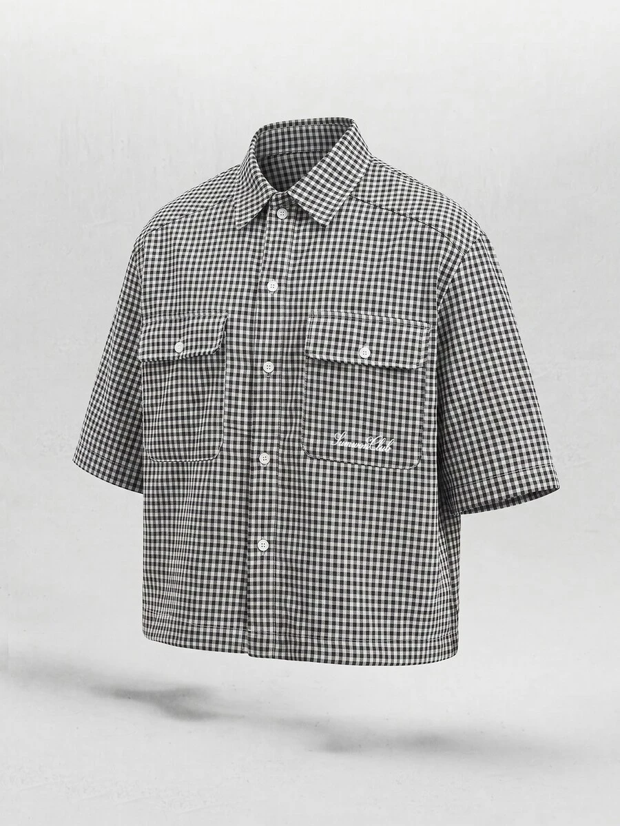SUMWON Gingham Check Cropped Short Sleeve Shirt With Dual Chest Pockets And Script Logo Embroidery Summer Style - Black and White - View 1