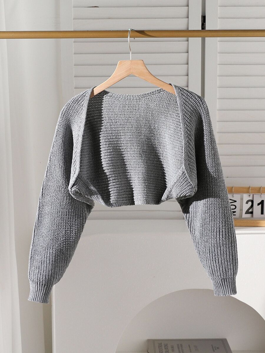 Tween Girl Casual Solid Color Cardigan, Autumn/Winter Cropped Sweater Grey Skirt Set, Cute Button Jacket Tween Girl School Sunday Back-To-School Suit - Grey - View 1
