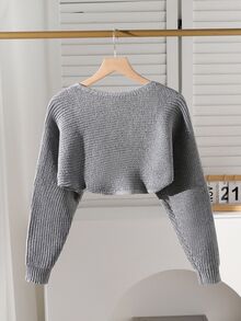 Tween Girl Casual Solid Color Cardigan, Autumn/Winter Cropped Sweater Grey Skirt Set, Cute Button Jacket Tween Girl School Sunday Back-To-School Suit - Grey - View 2