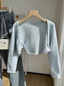 SHEIN Cardigan Pendek Warna Polos Kasual Lucu Serbaguna untuk Anak Perempuan Remaja, Cocok untuk Kembali ke Sekolah, Liburan, Warna Biru Muda, Musim Gugur, dan Acara Formal Sekolah. - Biru - View 6